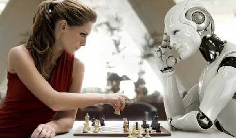 Робот играет в шахматы с девушкой