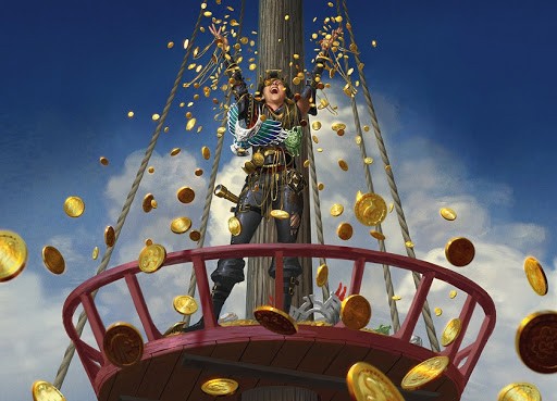 пират рассыпает золотые монеты